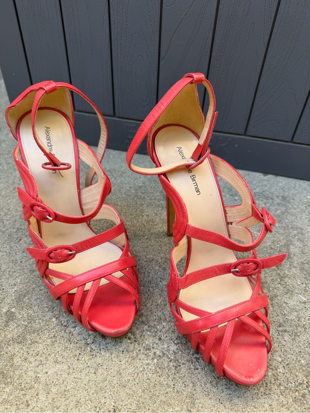 Alexandre Birman Coral Pink Leather Multi Strap Buckle Ankle Wrap Heels Size 8